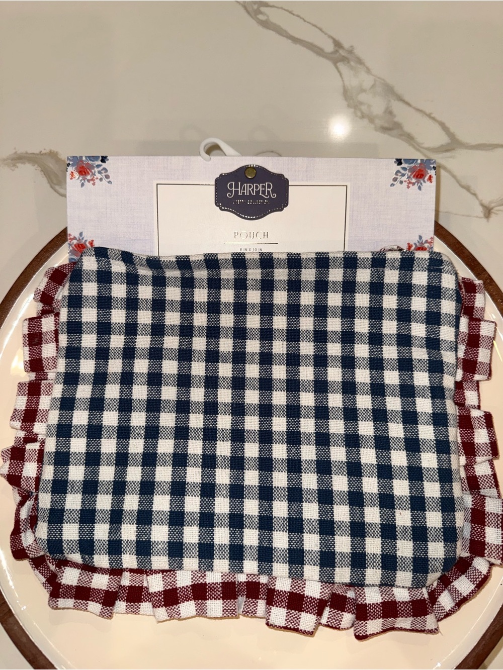 Harper Liberty Collection Blue & White Gingham Pouch with Red Trim